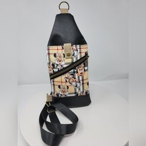 Handmade Black & Khaki Plaid Character Crossbody Travel Sling Pouch - Plus Size